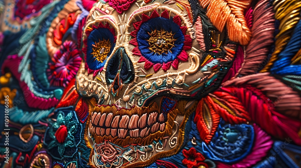 Naklejka premium A vibrant embroidered skull design featuring intricate patterns and colorful details, celebrating cultural artistry.