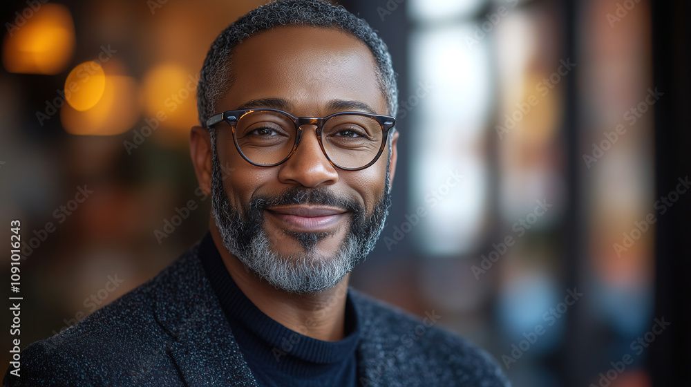 Fototapeta premium Man with glasses smiling confidently inside a modern cafe during the daytime. Generative AI