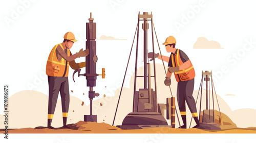 Geological Exploration: People Drilling Wells Concept