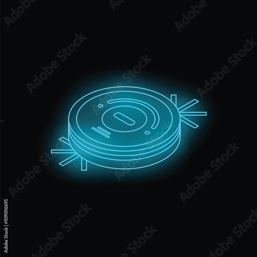 Blue glowing neon icon of modern robotic vacuum cleaner working on black background