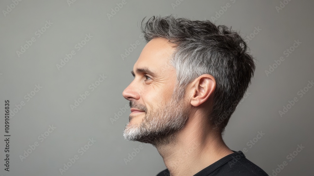 Obraz premium Man in midlife with a confident smile and relaxed posture, gazing sideways on a neutral backdrop.