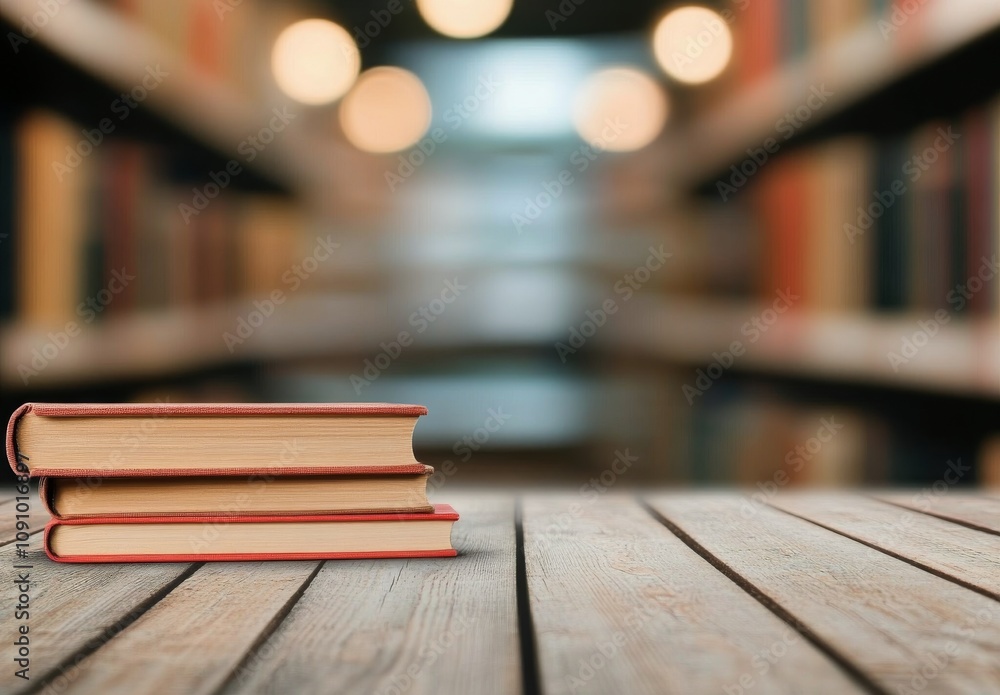 Fototapeta premium Books on a wooden table with blurred lights in the background creating a cozy atmosphere