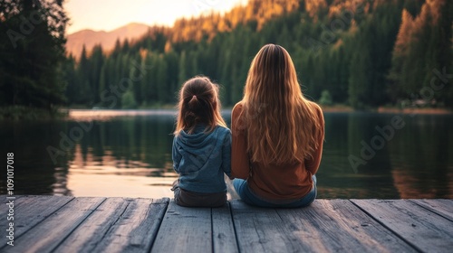 Mother and daughter on jetty overlooking lake and forest