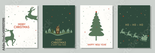 Merry Christmas card set. Winter village, Santa sleigh, snowfall and deer. Green and white background. Merry Christmas and Happy New Year. Vector