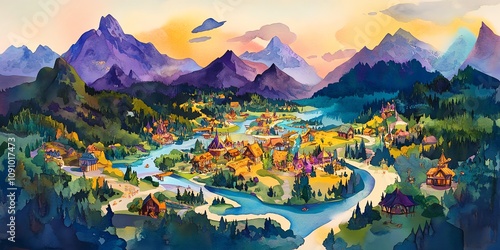 Vibrant watercolor painting of a picturesque village nestled in a valley between majestic mountains at sunset. Serene landscape, idyllic scene.
