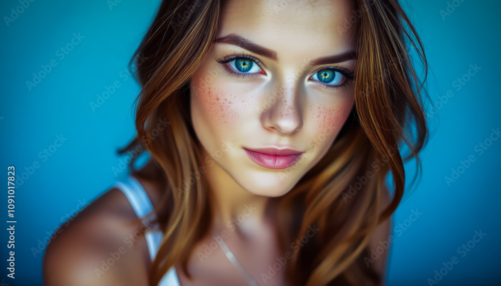 Naklejka premium Model with Long Brown Hair and Blue Eyes in a White Tank Top, Posing for a Photoshoot in the Studio