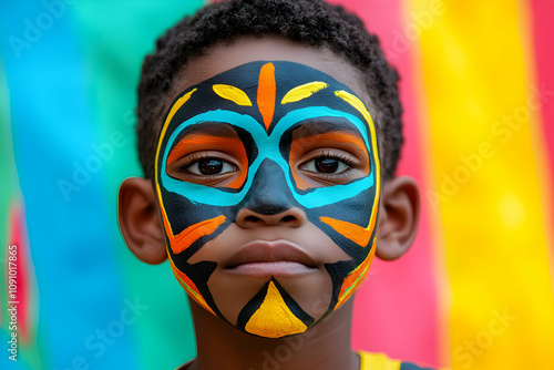 Young boy enthusiastically participates in a cultural celebration with colorful traditional haitian face paint, showcasing the cultural heritage and identity of the festivity photo