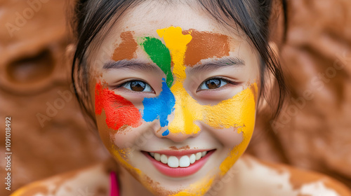 Close up portrait of a young woman with vibrant, colorful face paint smiling during the boryeong mud festival in south korea, enjoying the festive atmosphere photo