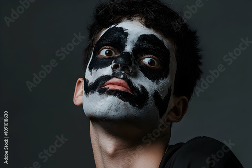 Young man in scary zombie makeup for halloween, creating a spooky atmosphere. His face transforms into a horrifying creature, perfect for the holiday season photo