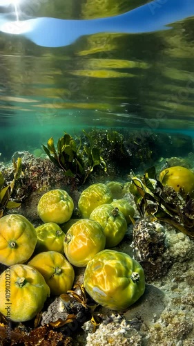 Submerged sea apples rest on a rocky seabed near kelp forests in midday sun photo