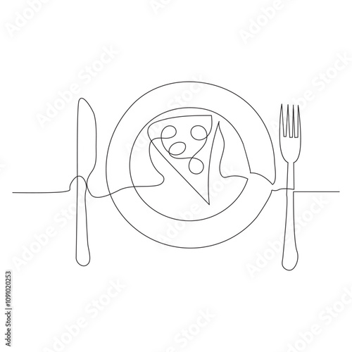 One line Drawing or illustration of slice of pizza with pepperoni and mushrooms