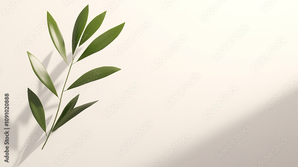 Fototapeta premium Green leaves on beige background, minimalistic design, soft shad