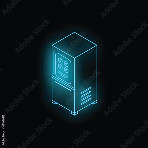 Neon icon of refrigerator glowing blue on black background
