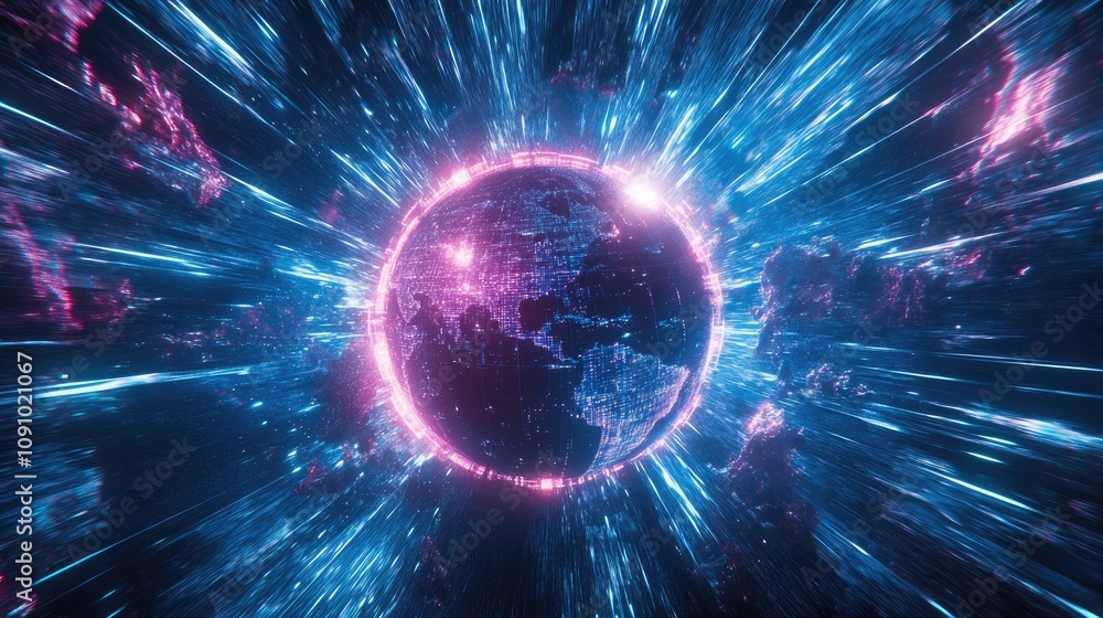 Fototapeta premium Futuristic digital globe with pulsating light beams, representing fast, real-time global communication