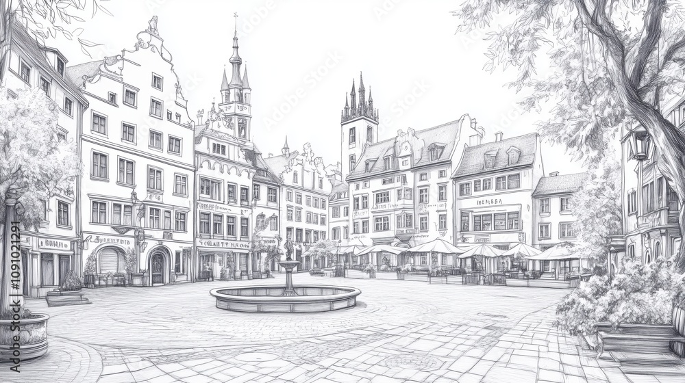 Obraz premium Monochrome cityscape drawing hand-drawn urban scene on a white background, portraying a serene park in the middle of a city, with trees, benches, and skyscrapers in the backdrop