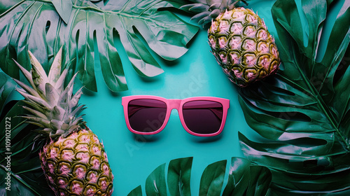 A pair of pink sunglasses is placed on top of two pineapples. Concept of relaxation and leisure, as the sunglasses and pineapples are often associated with tropical vacations and beach days photo