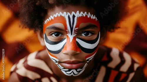 Young boy with traditional papuan face paint, highlighting the vibrant cultural heritage of papua new guinea with bold colors and intricate patterns in a close up portrait
