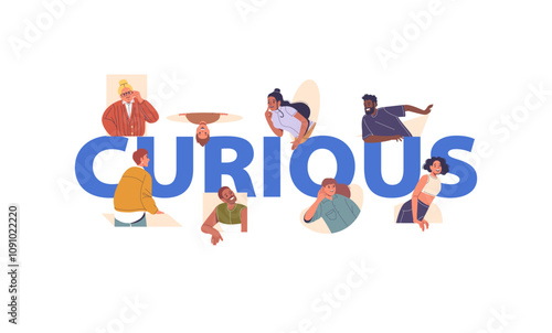 Curious people cartoon character peeking out looking with interest overhearing over huge lettering