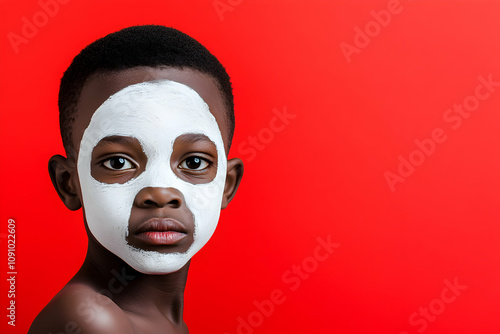 Studio portrait of a young boy with samburu face paint showcasing traditional african body art against a vibrant red backdrop, highlighting cultural expression and beauty photo