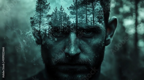 A contemplative man with a forest overlay representing the connection between nature and human emotions. photo