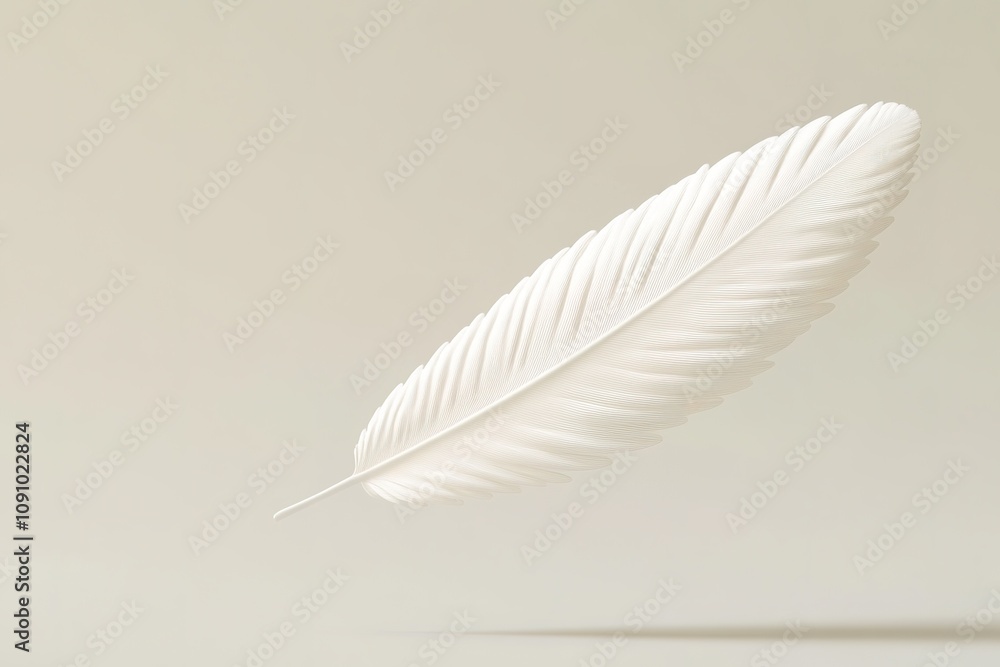 Single white feather floating on soft beige background Single white feather floating on soft beige background