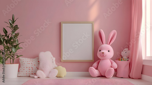 3D Illustration Pink Kids Room with Bunny Toy and Mockup Frame