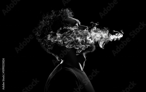 Silhouette of a man smoking, with thick, textured smoke escaping from his mouth, sharply contrasted against a black background