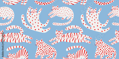 Seamless pattern with funny modern cats. Illustration for card, print on clothes. Vector cute kitten. Hand drawn background for design and card, covers, package, wrapping paper.