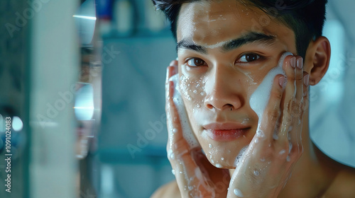 Young Asian man gently washing his face with soap cleanser to remove makeup and impurities. Man Skincare. ai generated