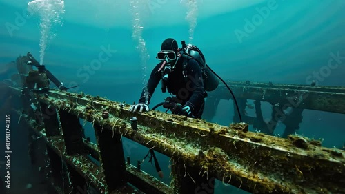 A man in a black wet suit is diving into the ocean to explore a shipwreck