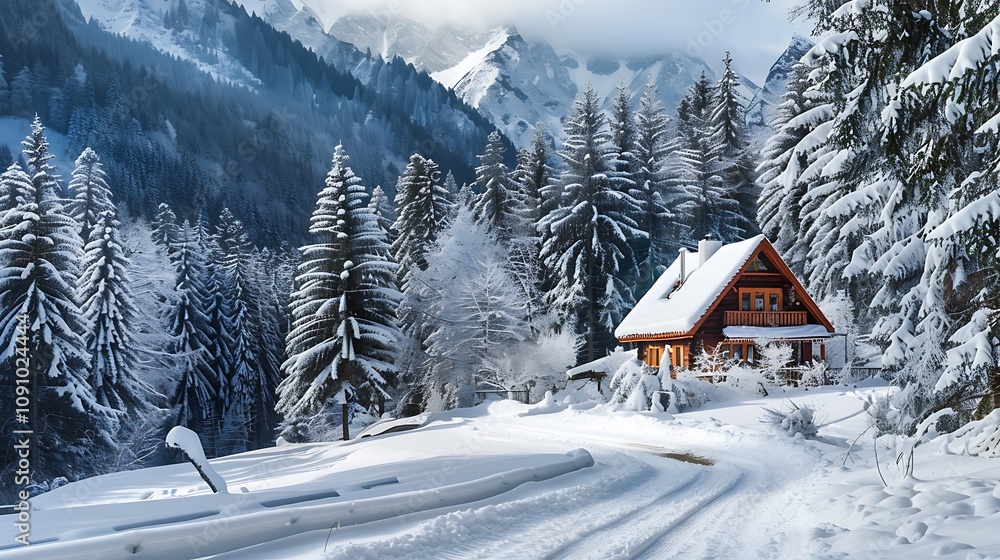 A serene winter landscape featuring a cozy cabin surrounded by snow-covered trees and mountains. A serene winter landscape featuring a cozy cabin surrounded by snow-covered trees and mountains.