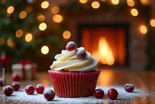 A Christmas cupcake with cream and berries stands on the table, in the background there is a fireplace and a Christmas tree with lights.