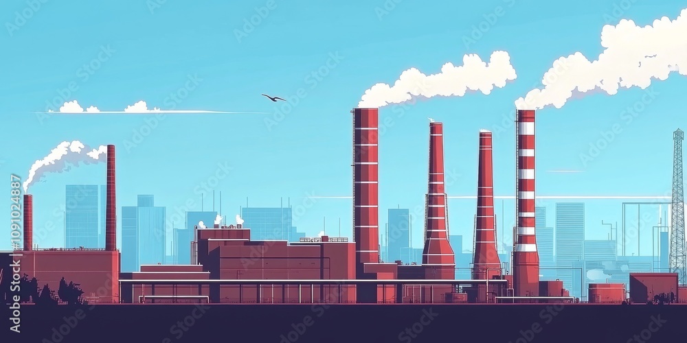 Obraz premium Industrial energy generation plant featuring chimneys, crucial for electricity production and heavy industry. This electricity production facility highlights the importance of manufacturing in energy