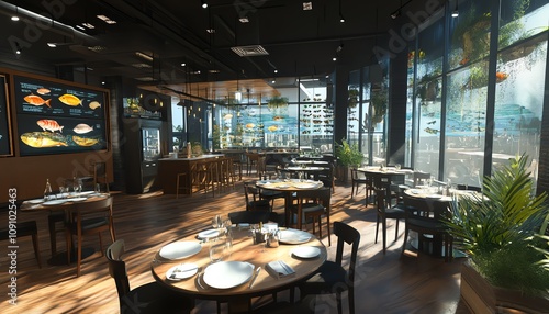 Modern restaurant interior with large windows, wooden floors, and round tables.  Sunlight streams in, highlighting the stylish decor. photo