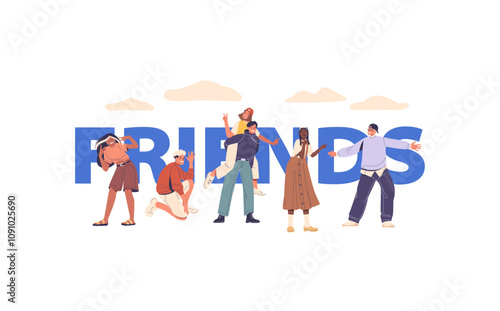 Friends abstract poster with happy joyful young man and woman, teenagers having fun together