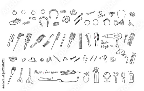 Set of hairdresser tools. Hair dryer, comb, hairbrush, hairpin, invisible, mirror, scissors, hairgrip, hair-slide,shampoo, curling iron. Stylist. Beauty salon. Hand drawn. Doodle style