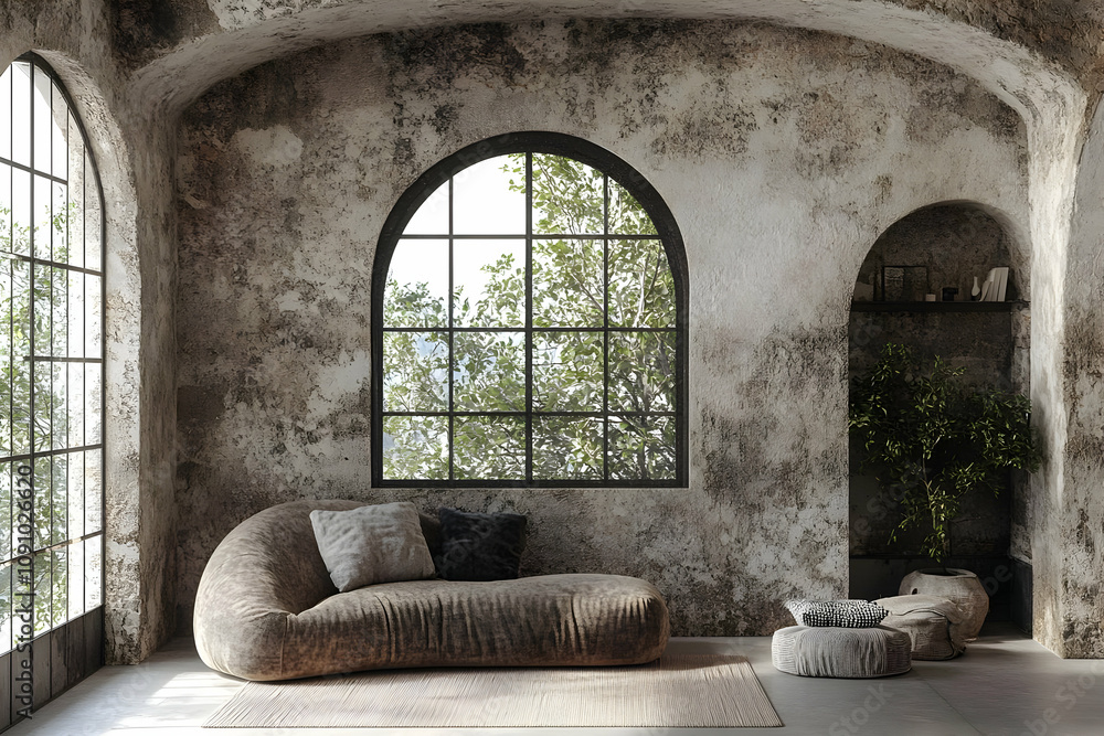 Fototapeta premium 3D Illustration Rustic Living Room Interior Design Sofa, Window, Plants