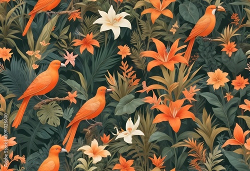 Tropical exotic pattern with animal and flowers in bright colors and lush vegetationn photo