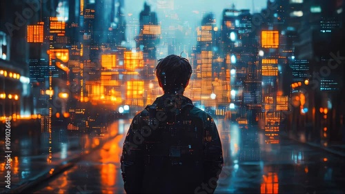 Wallpaper Mural A person standing at the entrance of a tunnel made of digital lights and patterns, symbolizing a journey into technology and digital transformation Torontodigital.ca