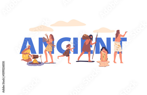 Ancient people of prehistoric times over huge lettering headline vector illustration on white