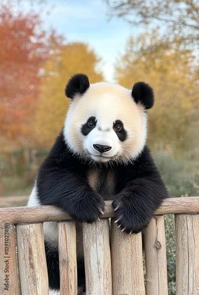 Obraz premium Adorable panda cub resting on a wooden beam in a vibrant autumn park setting