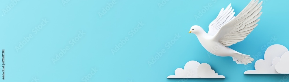 Obraz premium A white dove gracefully flies against a light blue background, surrounded by fluffy white clouds, symbolizing peace and freedom.