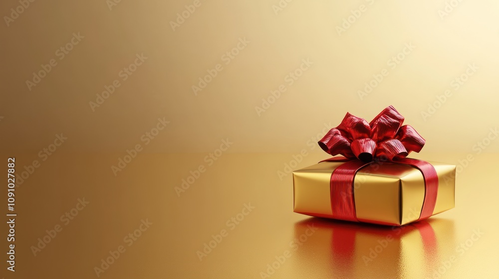 A beautifully wrapped gold gift box with a red ribbon on a golden background. A beautifully wrapped gold gift box with a red ribbon on a golden background.
