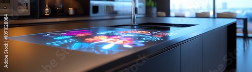 Wallpaper Mural Modern kitchen countertop with integrated holographic projection displaying vibrant abstract art. Sleek design, futuristic technology. Torontodigital.ca