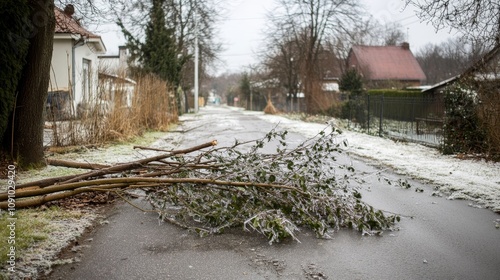 Broken tree branches on the sidewalk caused by the weight of ice after a freezing rain event. Winter storm aftermath with damaged trees and hazardous walking conditions photo