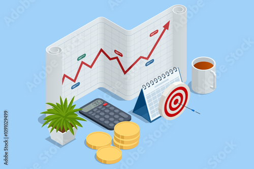 Isometric Professional analyzing financial data graphs, business analysis, analytics, research, strategy statistic, planning, marketing. Financial analysis or business evaluation concept