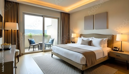 Wallpaper Mural A modern and cozy bedroom with a large bed, neutral-colored walls, and a patterned area rug. The room has a balcony or window with a view of the outdoors. Torontodigital.ca