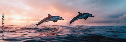 Dolphins leaping through waves at sunset in a vibrant ocean scene