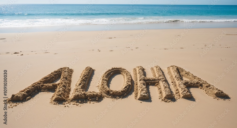 Fototapeta premium aloha lettering on sand in beach on summer