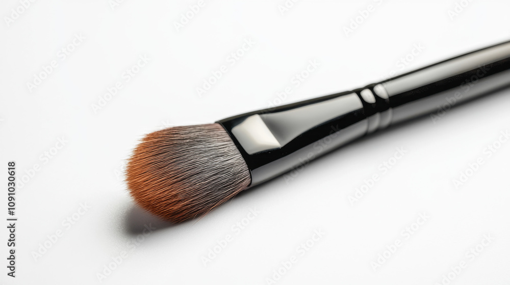 Fototapeta premium Close-up of a makeup brush with soft, brown bristles and a sleek, black handle on a white background.